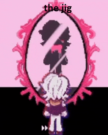a pixel art of a person looking at their reflection in a mirror with the words `` the jig '' above it .
