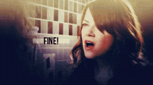 a woman with her mouth open and the word fine in the corner