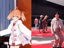 a drawing of a girl with pigtails next to a picture of a man on a red carpet