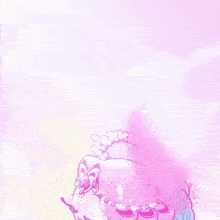 a cartoon drawing of a girl with pink hair and a purple dress