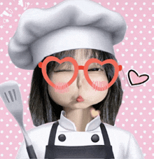 a girl wearing a chef 's hat and heart shaped glasses is holding a spatula