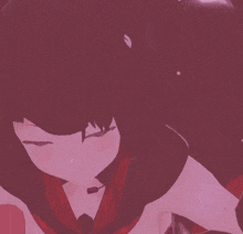 a black and red anime character with red eyes is covering her mouth with her hand .