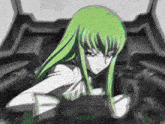 a black and white drawing of a girl with green hair in a car .