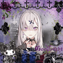 a girl with white hair and purple eyes is surrounded by black roses and crosses and has the word goth on the bottom