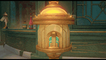 a gold colored object with a green door and a red bottle in the background