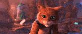 a close up of a cartoon cat with green eyes looking at the camera