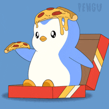 a penguin with a slice of pizza on its head sits in a box