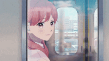 a girl with pink hair is looking out a window