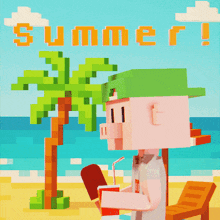 a pixel art of a pig holding an ice cream cone and a drink with the words summer written above him