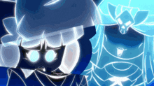 a blue and white cartoon character with a skull on his head