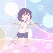 a girl with pink hair and a boy with black hair are laying on the floor with hearts surrounding them