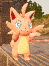 a pink cartoon character with blue eyes is standing on a wooden platform with a 25m sign in the background