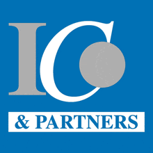 a blue logo for ic & partners with a white circle in the middle