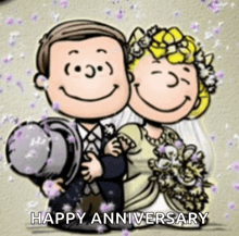 a cartoon of a bride and groom with the words `` happy anniversary '' written on the bottom .