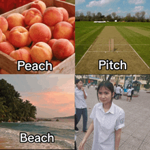 a girl in a white shirt is standing in front of a peach and a cricket field