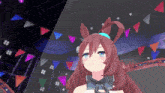 a girl with long brown hair and blue eyes stands in front of a bunch of triangles