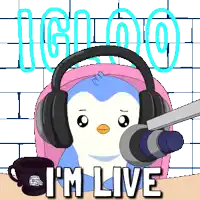 a penguin wearing headphones is sitting in front of a microphone with the words " i 'm live " below it