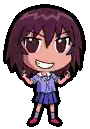 a pixel art drawing of a little girl with purple hair and a blue skirt .