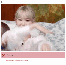 a picture of a girl with the words wrong this chimp is deceased below it
