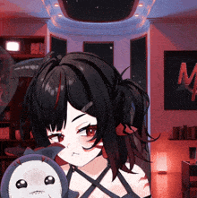 a girl with black hair is holding a stuffed animal