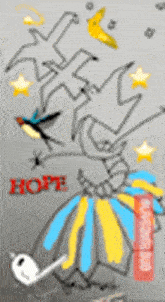 a drawing of a woman holding a watering can with the word hope in red