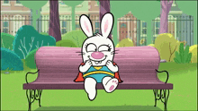 a cartoon bunny is sitting on a bench with a cape on