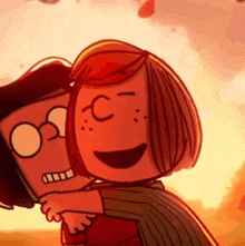 a couple of cartoon characters hugging each other with the letter c on their faces