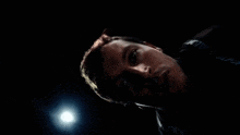 a close up of a man 's face with a light behind him