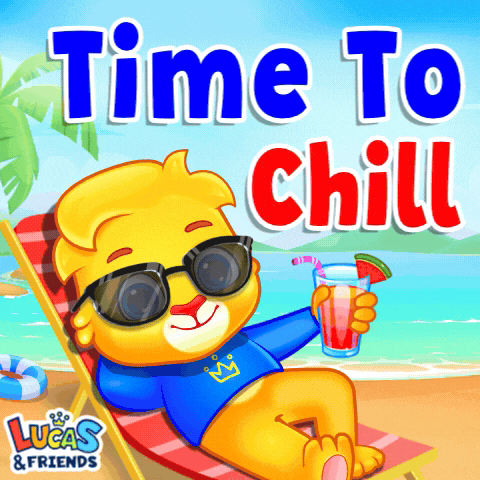 an advertisement for lucas & friends shows a teddy bear laying on a beach chair holding a drink