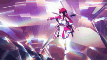 a girl with red hair and headphones is dancing in a purple and white room .