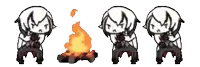 a pixel art of a girl sitting next to a campfire .