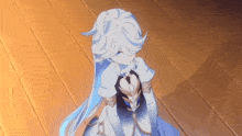 a girl with long white hair is standing on a wooden floor in a video game .