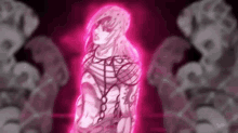 a cartoon character is standing in a dark room with a pink light behind him .