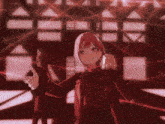 a group of anime characters are standing in a room with red lights