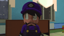 a cartoon character wearing a purple hat and overalls