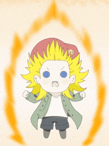 a cartoon drawing of a boy with a red hat and yellow hair