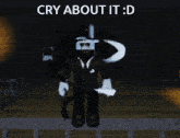 a video game character holding a knife with the words cry about it : d