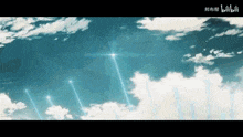 a blue sky with white clouds and a star shining through the clouds