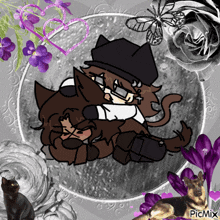 a drawing of a man holding a cat with purple flowers and a picmix logo