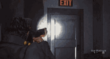 a video game character is standing in front of a red exit sign