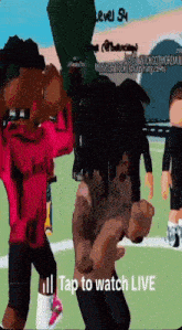 a group of cartoon characters are standing on a field and one of them is dancing .