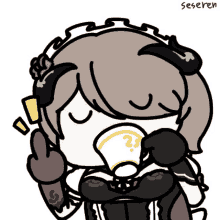 a drawing of a girl with horns drinking from a cup with the word seseren on the bottom right