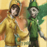 a boy and a girl are standing next to each other with the words ten y paint written below them