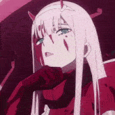 a girl with white hair and horns is wearing a red jacket