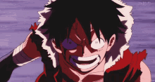 a close up of a cartoon character with a purple eye
