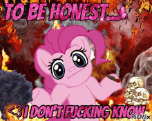 a pink pony is holding a cigar and says to be honest < 3 i don t fucking know