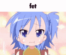 a girl with blue hair is eating a taco and the word fet is on the bottom