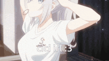 a girl with white hair is wearing a shirt that says cici irl : 3