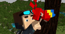 a minecraft character is climbing a tree with a red parrot on his head .