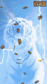 a white tiger is surrounded by lightning bolts and the word pam is on the bottom